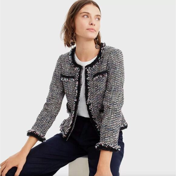 J. CREW Lady Jacket Metallic Tweed Black Rainbow Multi Fringe Sz 6 {3Z53} - Picture 1 of 7